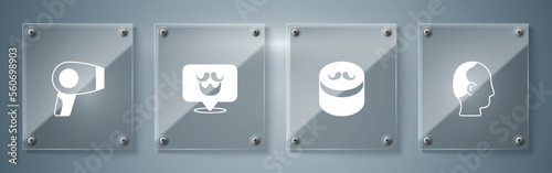 Set Baldness, Gel or wax for hair styling, Barbershop and Hair dryer. Square glass panels. Vector