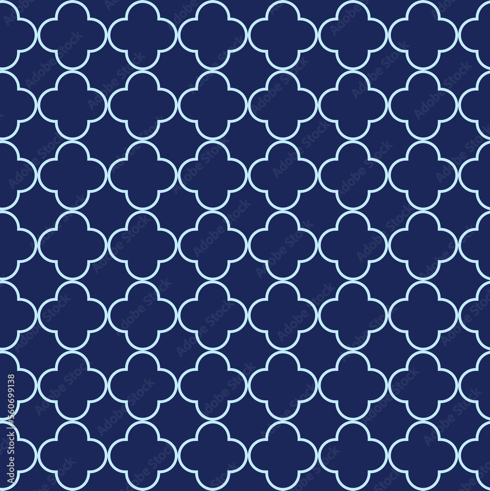 Morocco background of geometric islamic trellis pattern in blue with blue outline. Quatrefoil pattern background