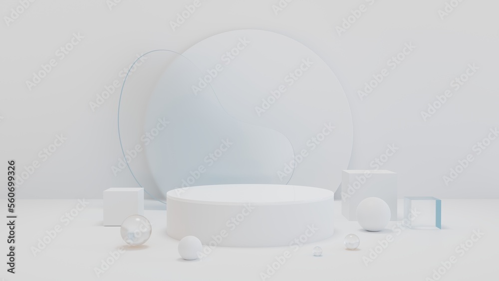 Minimal modern product display 3d podium and shapes background in white colors with glass Minimal modern product display 3d podium and shapes background in white colors with glass