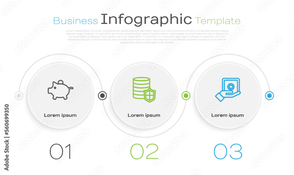 Set line Piggy bank, Money with shield and Safe in hand. Business infographic template. Vector Set line Piggy bank, Money with shield and Safe in hand. Business infographic template. Vector
