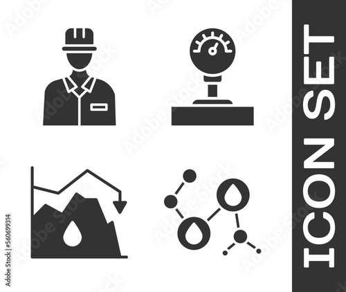 Set Molecule oil, Oilman, Drop in crude oil price and Gauge scale icon. Vector