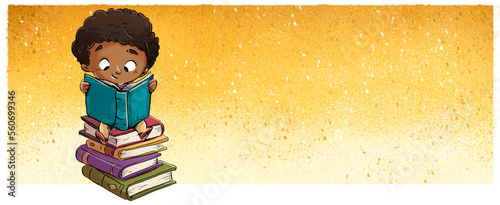 African American boy happily reading a book on a stack of books