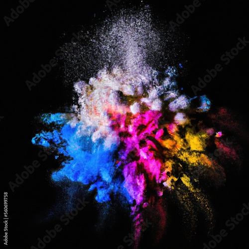 Explosion of colorful powder isolated on dark black background. Holi paint color dust explode in freeze motion. Abstract multi color party paint splash. Rainbow smoke powder texture. Generative AI art photo