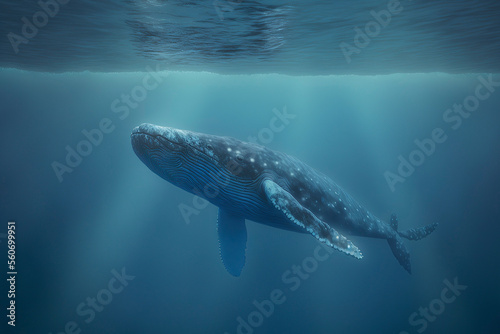 A Baby Humpback Whale Plays Near the Surface in Blue Water. generative ai