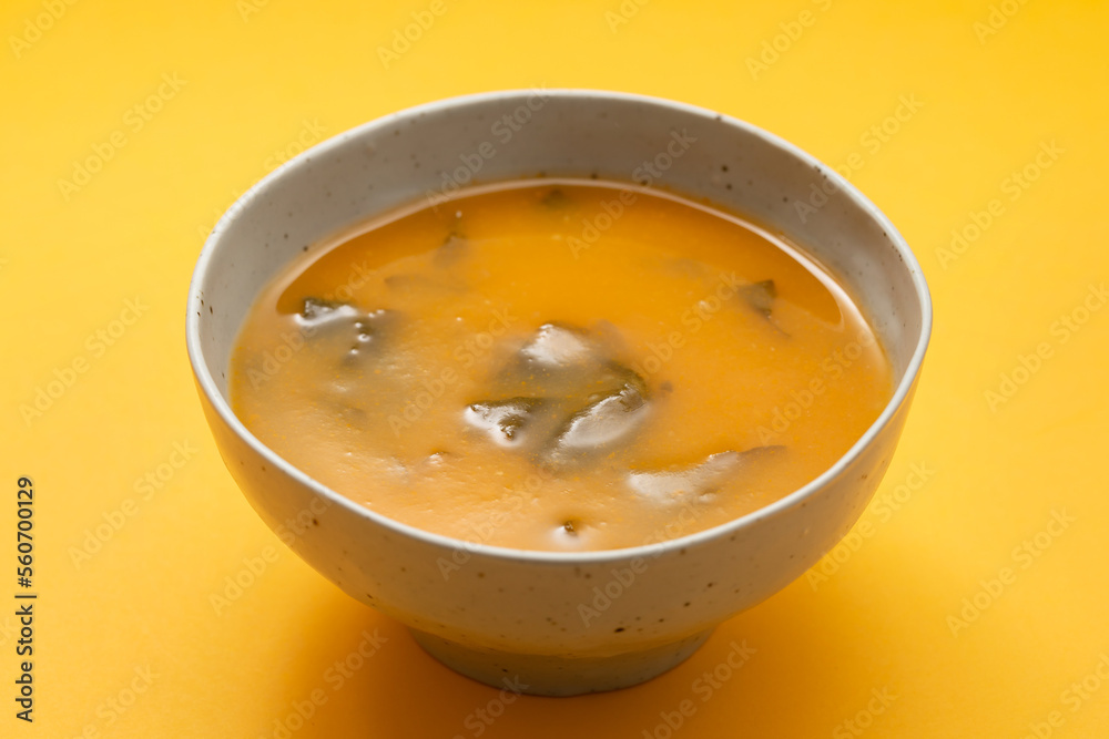 Vegetable cream soup with spinach in small bowl Vegetable cream soup with spinach in small bowl
