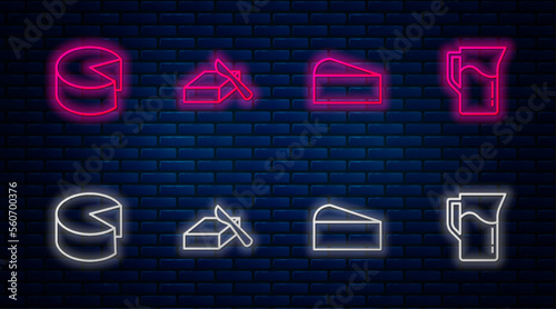 Set line Butter in a butter dish, Cheese, and Milk jug or pitcher. Glowing neon icon on brick wall. Vector