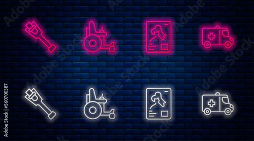 Set line Electric wheelchair, X-ray shots, Prosthesis leg and Emergency car. Glowing neon icon on brick wall. Vector
