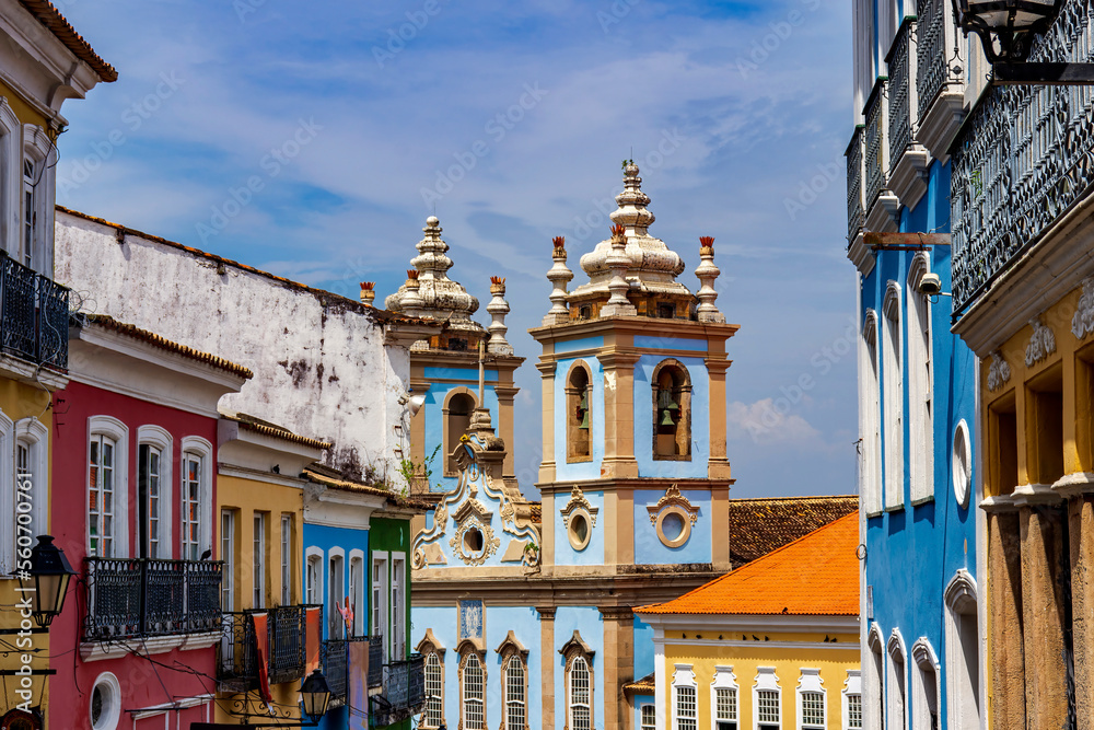 Obraz premium Historic colorful buildings and baroque churches in the famous Pelourinho neighborhood in Salvador, Bahia
