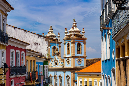 Historic colorful buildings and baroque churches in the famous Pelourinho neighborhood in Salvador, Bahia photo