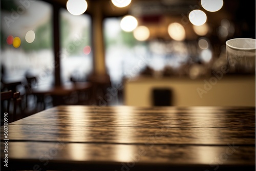 Wooden board empty table in front of coffee shop, ai generated © dasom