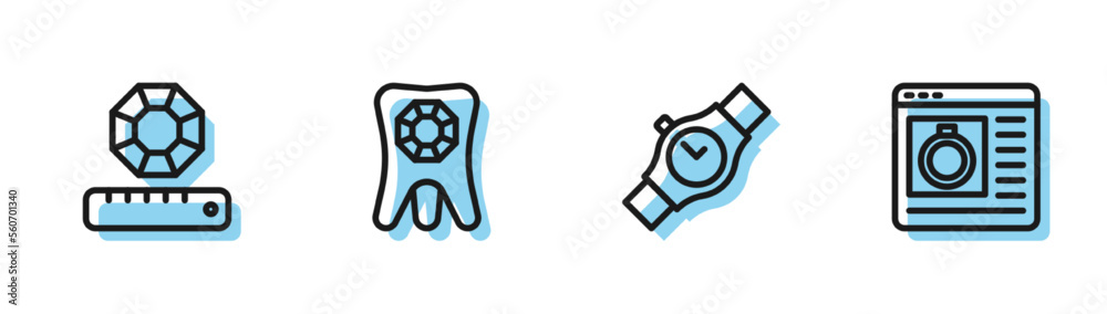 Set line Wrist watch, Gem stone, Tooth with diamond and Jewelry online shopping icon. Vector Set line Wrist watch, Gem stone, Tooth with diamond and Jewelry online shopping icon. Vector