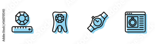 Set line Wrist watch, Gem stone, Tooth with diamond and Jewelry online shopping icon. Vector