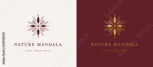 Diseño de logotipo moderno de mandala con hojas concéntricas con estilo elegante para centro de masaje terapias alternativas spa terapeutas masajistas con estilo naturaleza y geométrico