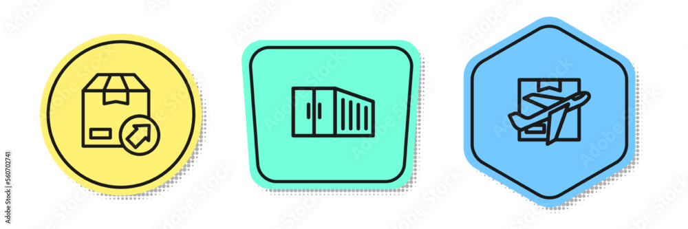 Set line Carton cardboard box, Container and Plane and. Colored shapes. Vector Set line Carton cardboard box, Container and Plane and. Colored shapes. Vector