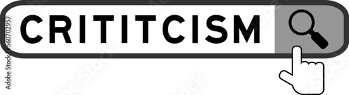 Search banner in word criticism with hand over magnifier icon on white background