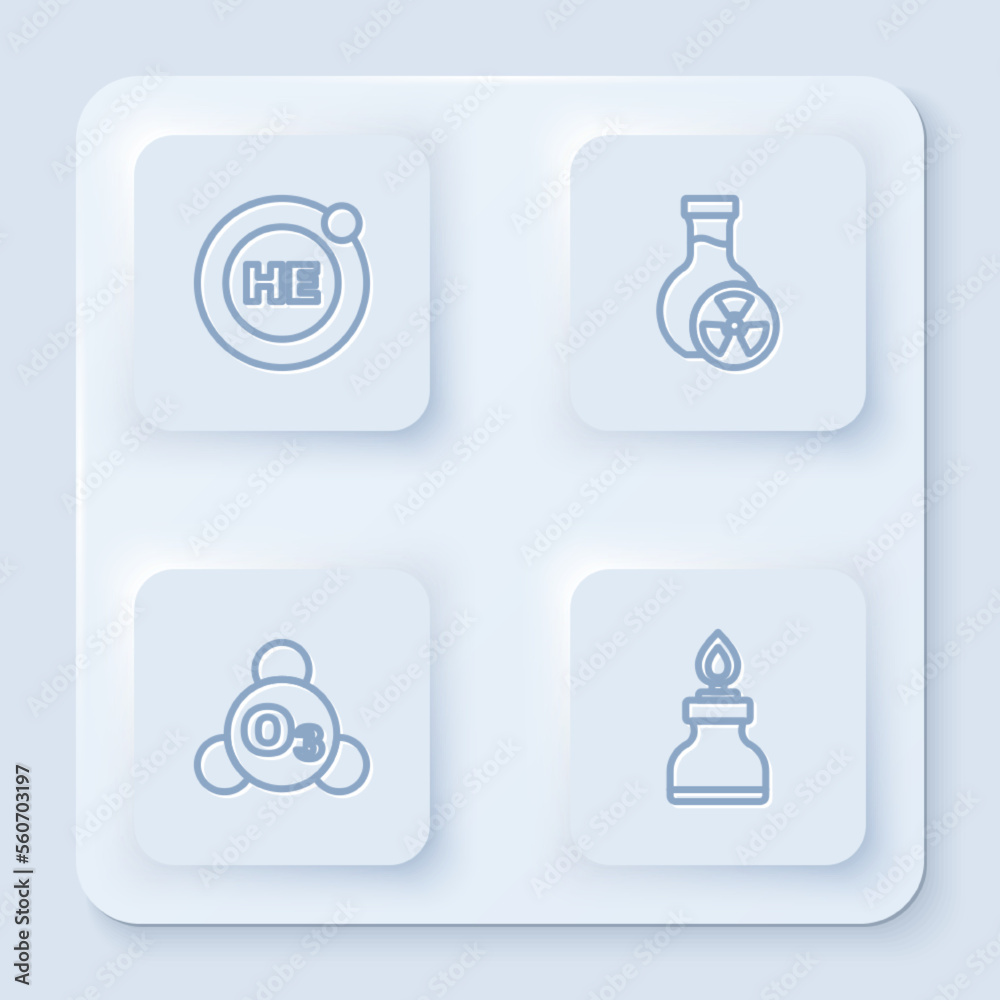 Set line Helium, Test tube with toxic liquid, Ozone and Alcohol or spirit burner. White square button. Vector