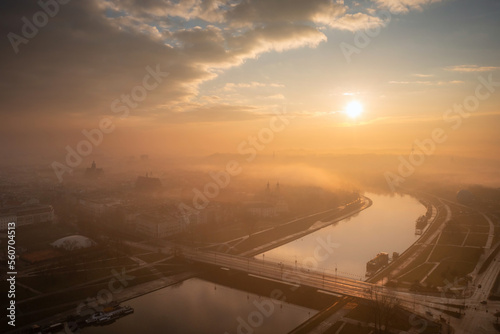 Foggy sunrise over the Vistula river in Krakow, Poland.