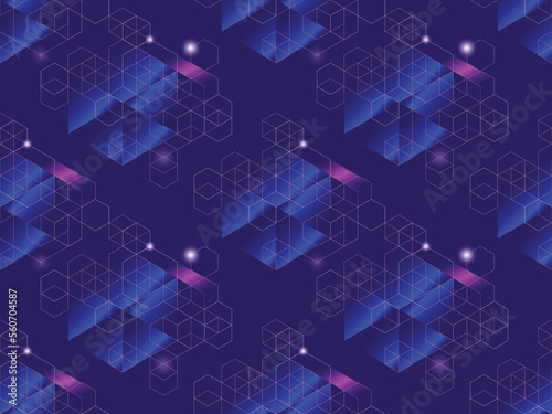 Modern digital blockchain seamless pattern on illuminated deep blue background © ArtWiz
