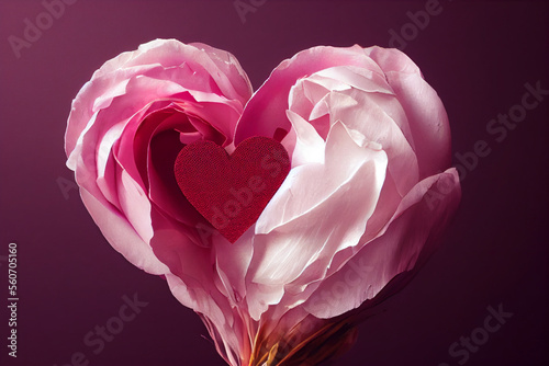 Red Heart Nestled in Heart Shaped Pink Rose Petals on Purple Background created with Generative AI