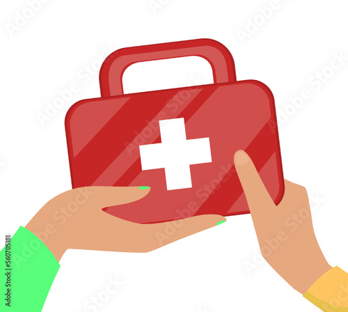Fototapeta Naklejka Na Ścianę i Meble -  Hands of doctor and patient holding aid box vector illustration. Cartoon drawing of human hands with red case with medication on white background. Health, healthcare, medicine, treatment concept