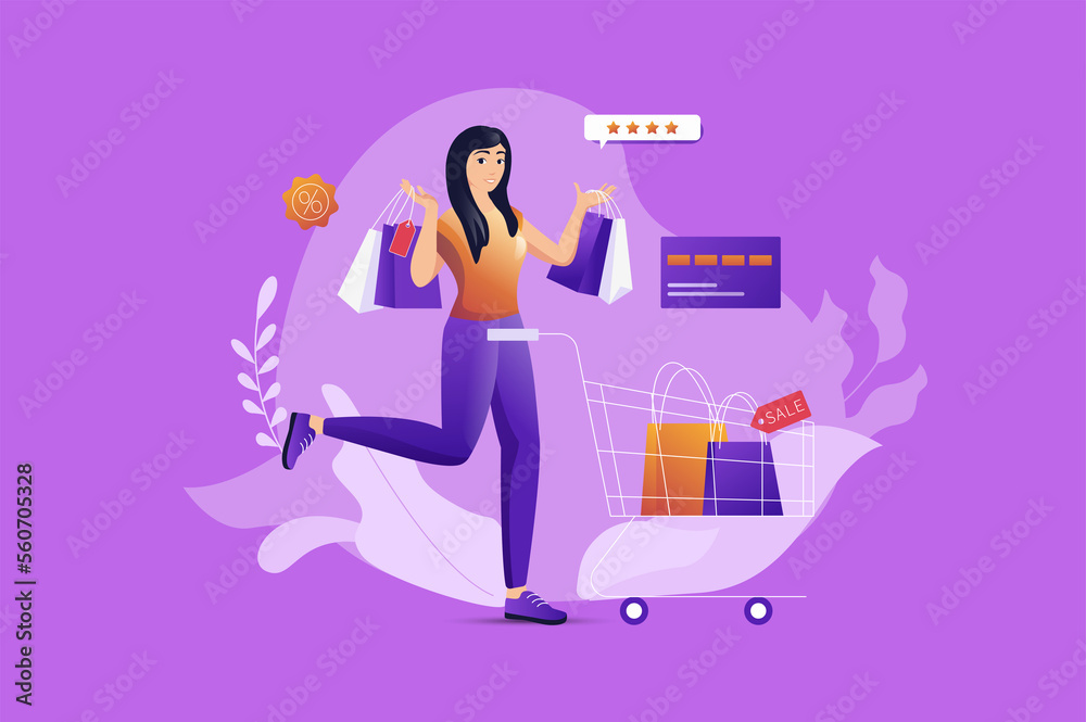 Shopping concept with people scene. Woman shopper holding bags with new purchases and doing shopping at seasonal sales of stores. Characters situation in flat design for web.