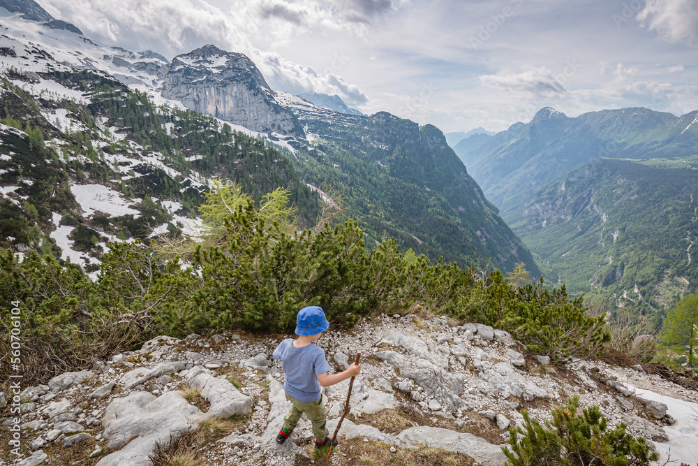 Cute boy with wooden staff hiking in Sella Nevea mountains, Julian Alps, Friuli-Venezia Giulia, Italy