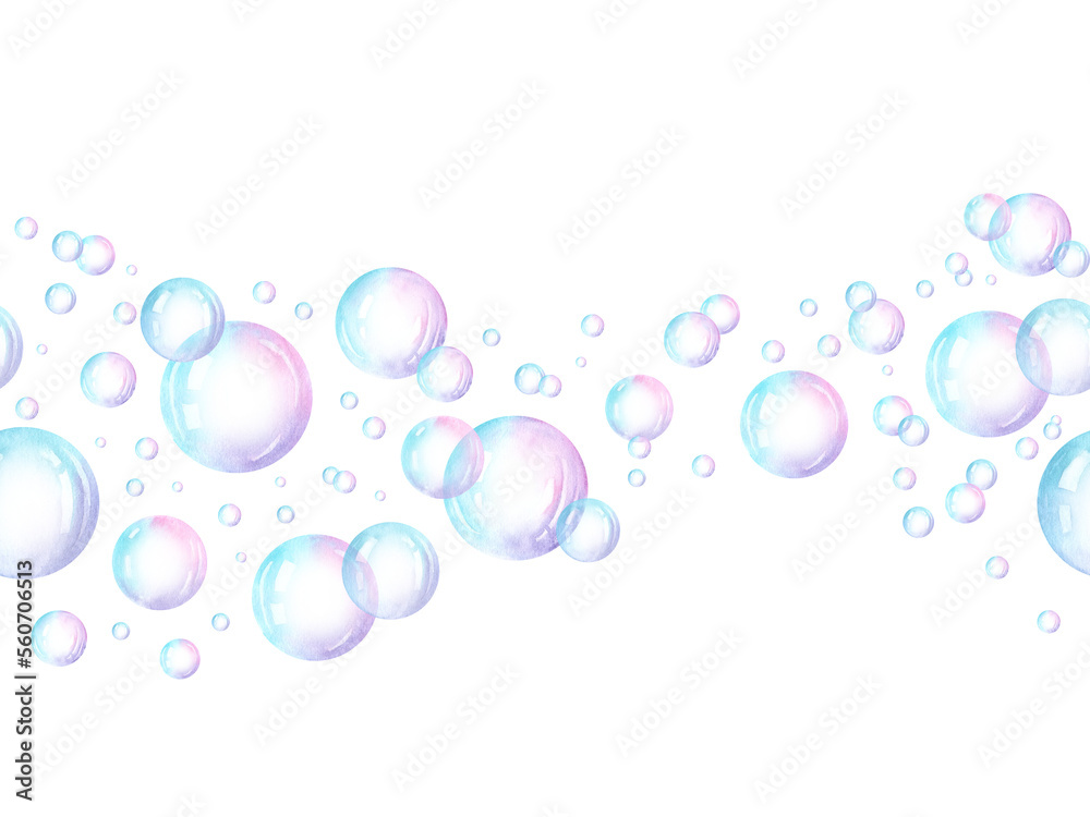 Watercolor seamless border with cute colorful bubbles, water air bubbles multicolor