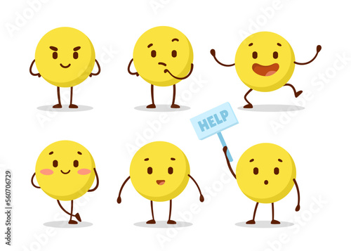 Emoticons with round yellow character vector illustrations set. Drawings of comic circle in different poses, happy, surprised, asking for help on white background. Emotions, communication concept