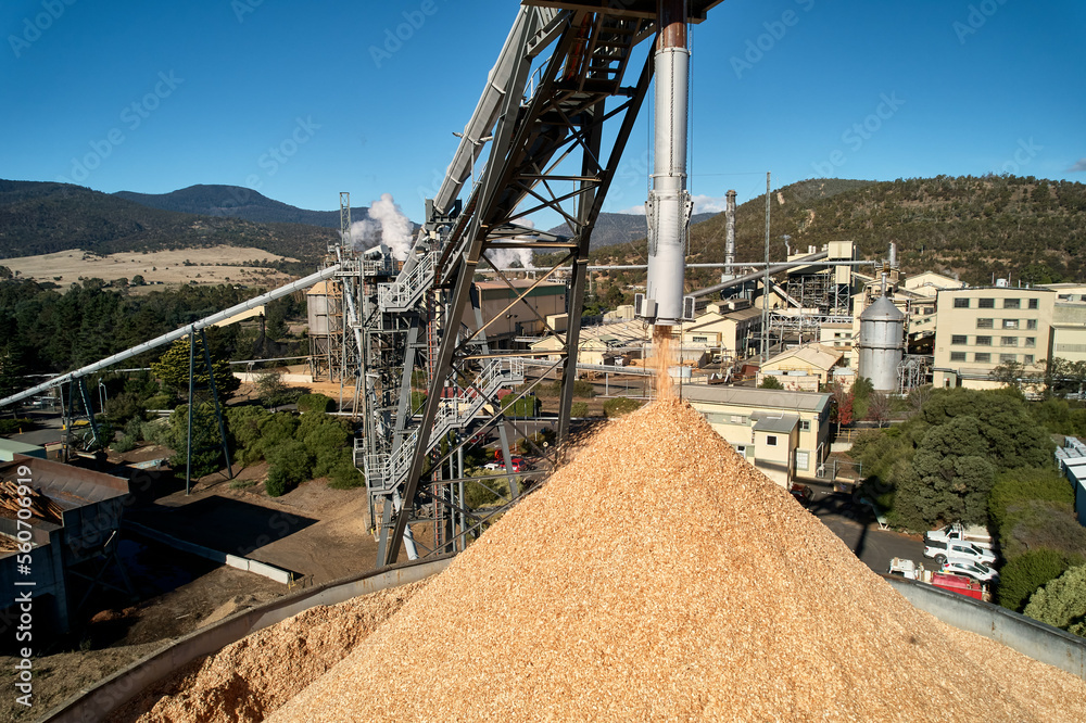 Paper mill woodchips to pulp for paper & newsprint industry, aerial