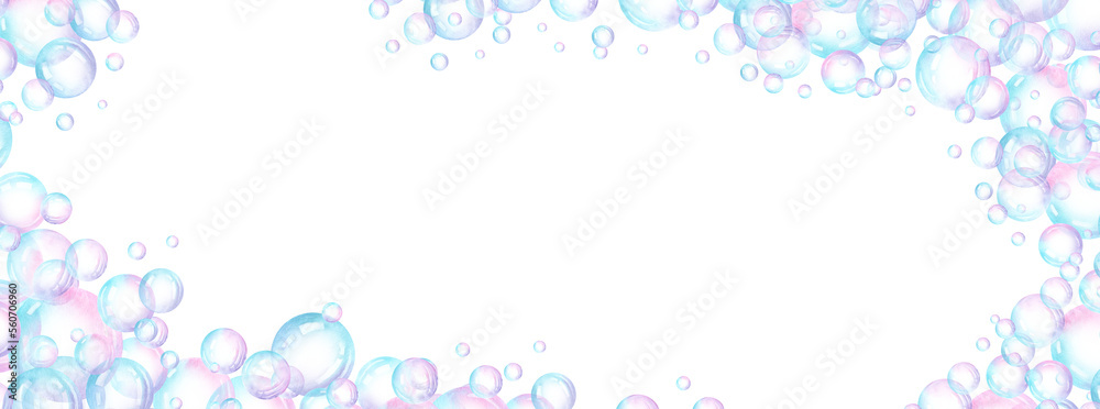 A frame decorated with two rainbow-colored soap bubbles. Watercolor illustration banner