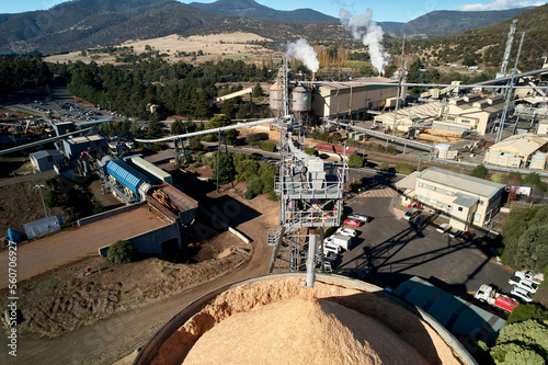 Paper mill woodchips to pulp for paper & newsprint industry, aerial photo