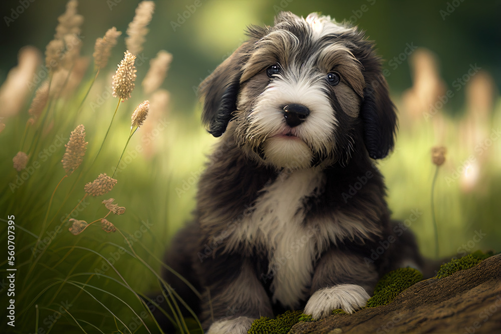 Bearded Collie puppy in grass, cute dogs, Generative AI Bearded Collie puppy in grass, cute dogs, Generative AI
