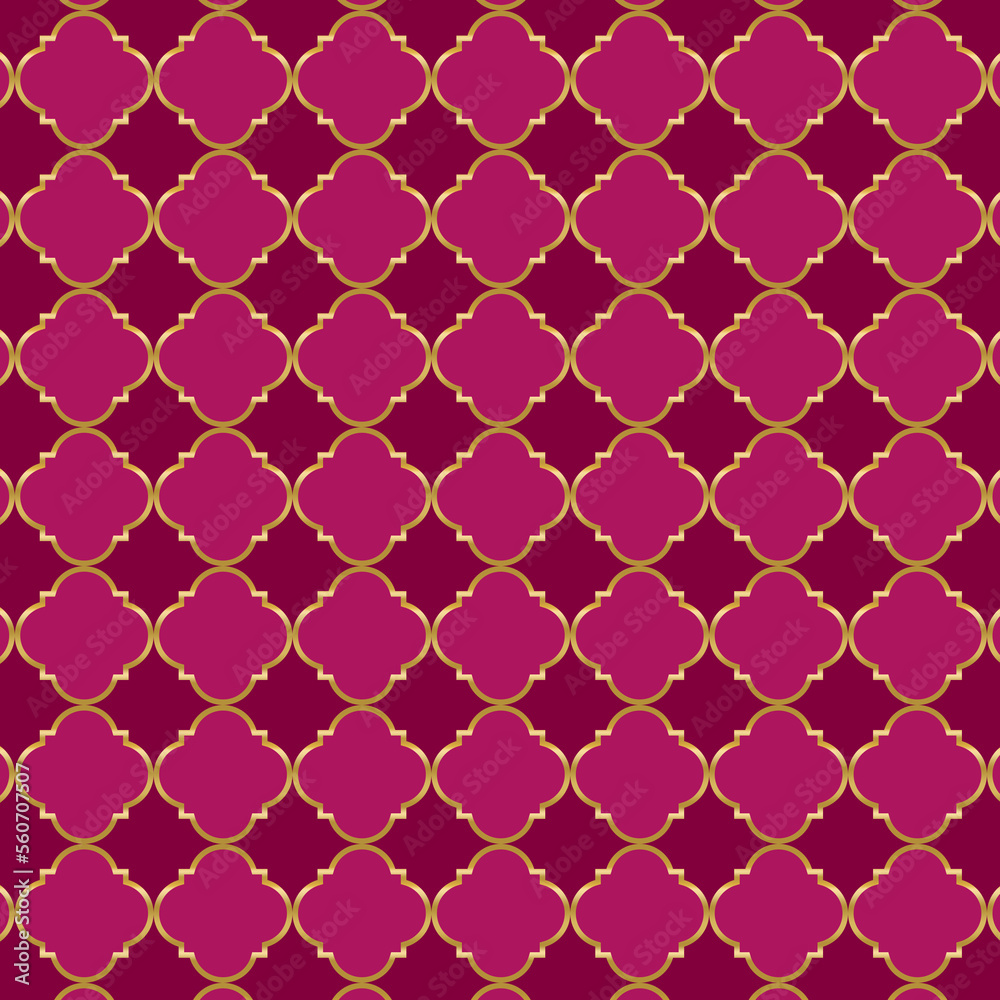 Naklejka premium Arabesques background of geometric islamic trellis pattern in red with gold outline. Moroccan pink quatrefoil arabesques pattern 