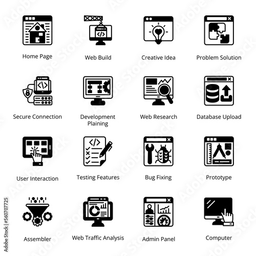 Bug Fixing, Prototype, Home Page, Web Build, Creative Idea, Problem Solution, User Interaction, Testing Features, Assembler, Web Traffic Analysis, Admin Panel, Glyph Icons - Solid, Vectors