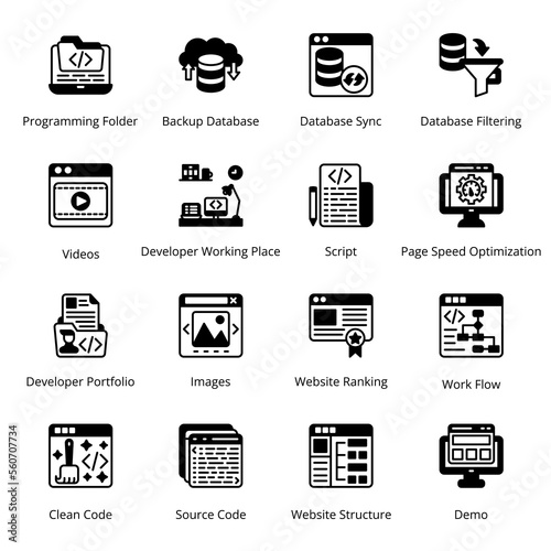 Website Ranking, Work Flow, Programming Folder, Backup Database, Database Sync, Database Filtering, Developer Portfolio, Images, Clean Code, Source Code Glyph Icons - Solid, Vectors