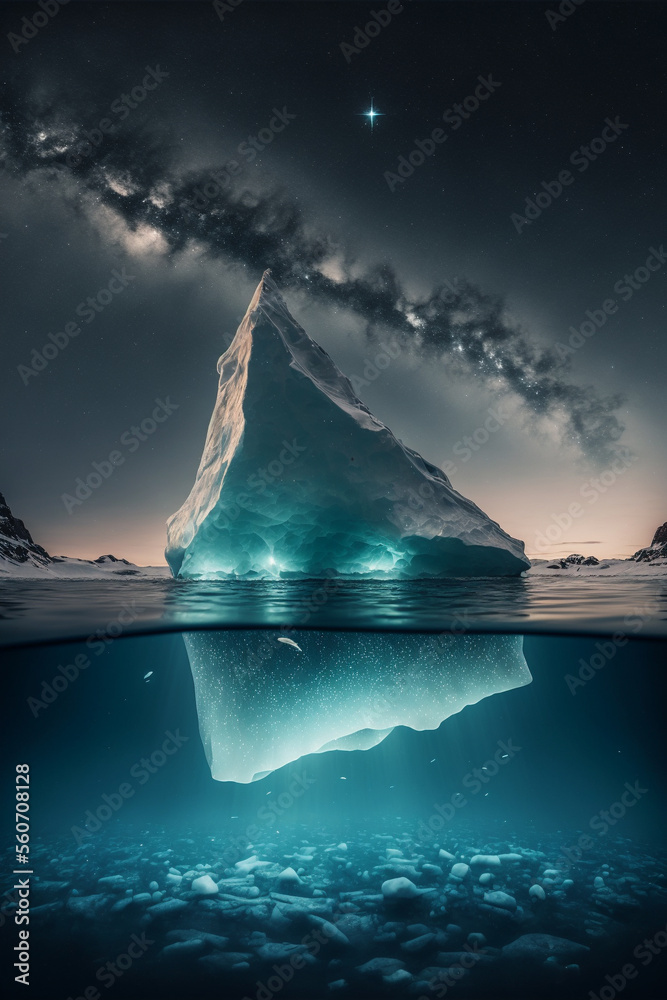 Iceberg floating on sea, Aurora light and Milky Way background. Generative AI. Iceberg floating on sea, Aurora light and Milky Way background. Generative AI.