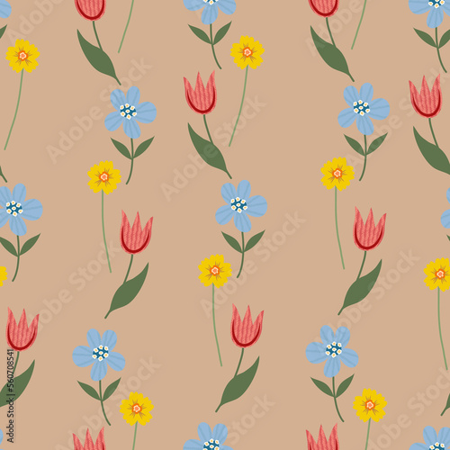 Seamless flower pattern, Flat design floral background, Wildflowers repeat print, Colored garden illustration wallpaper, Spring flower design, Blooming meadow ornament