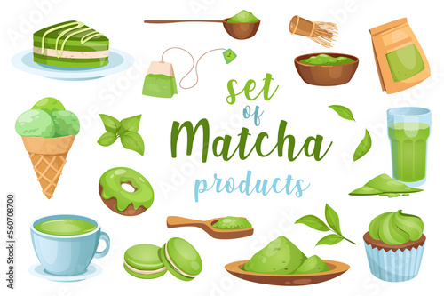 Matcha products set with isolated elements in flat cartoon design. Bundle of pie, green powder in spoon, tea bag, ice cream, donut, cup, macarons, cupcake, whisk and other.