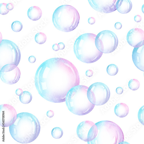 Watercolor bubbles seamless pattern. Soap bubbles floating in the air. illustration