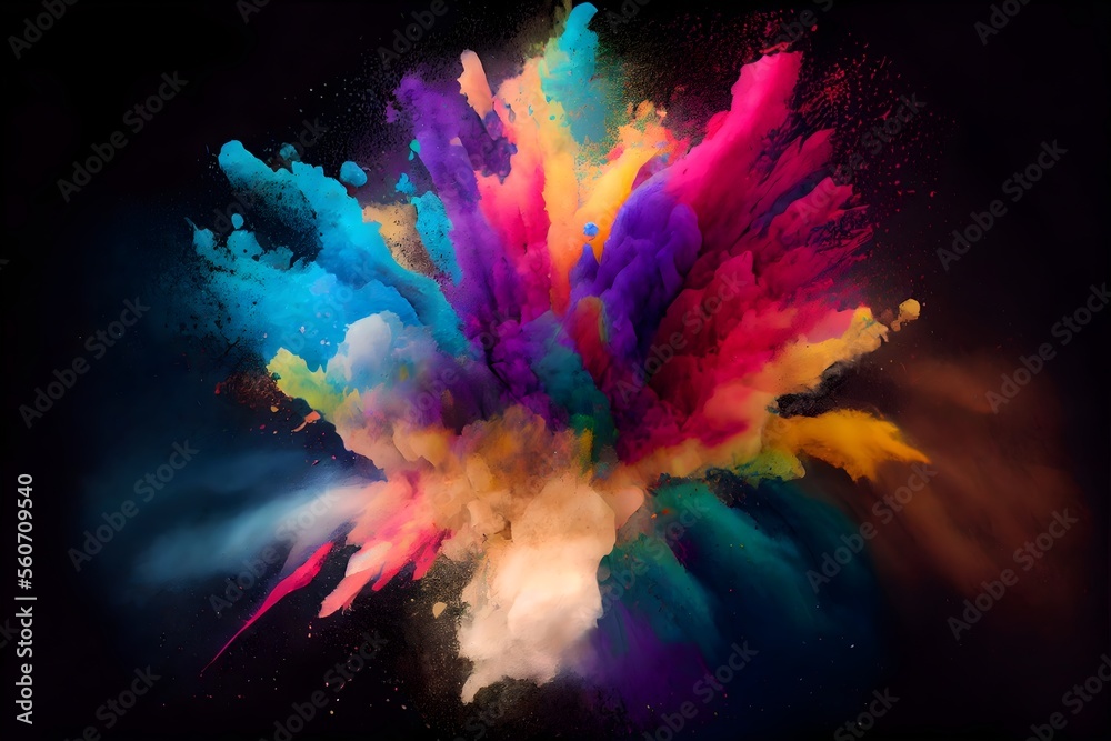 Colorful splash explosion of holi paint powder color on black background.Ai generated