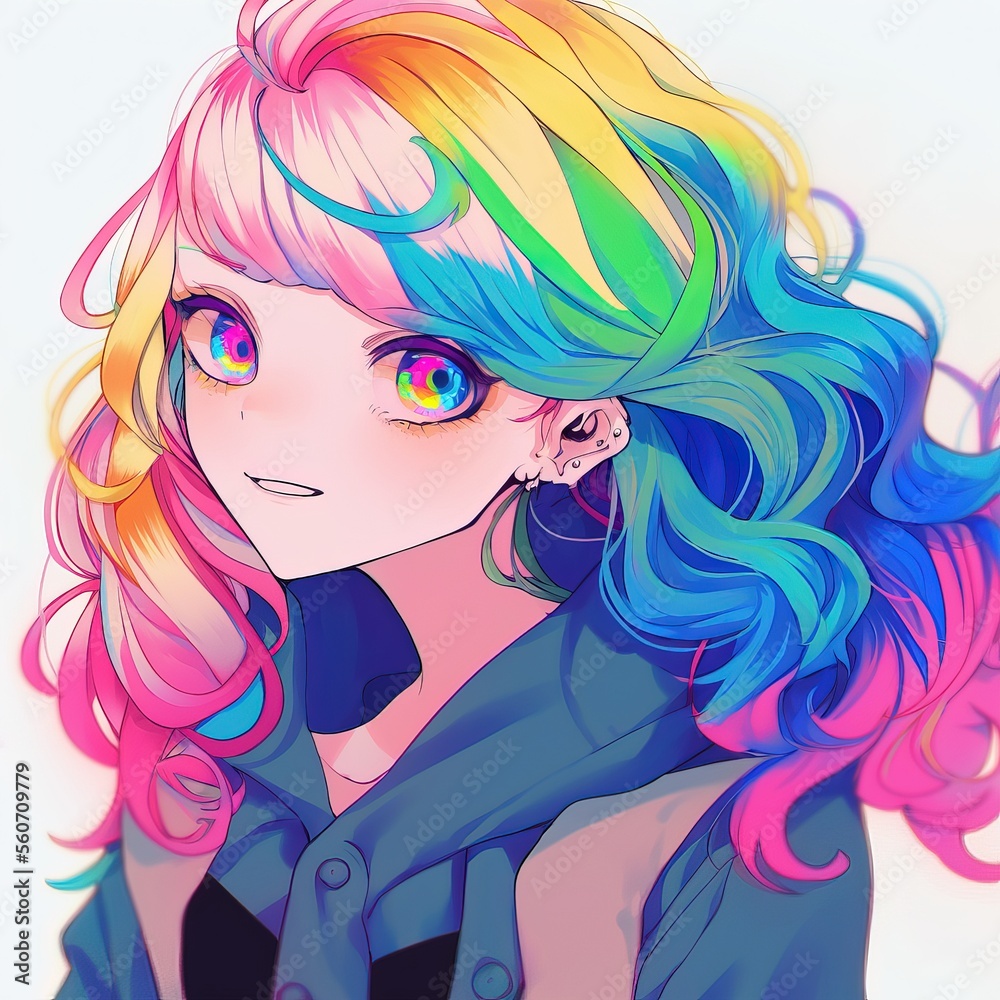 Girl with rainbow hair. Anime concept art. Generative AI