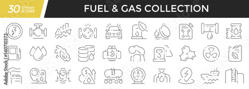 Fuel and gas linear icons set. Collection of 30 icons in black
