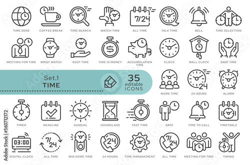 Set of conceptual icons. Vector icons in flat linear style for web sites, applications and other graphic resources. Set from the series - Time. Editable outline icon. 