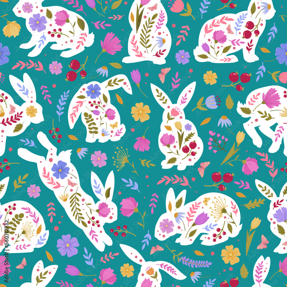 Cartoon rabbits patterns. Easter floral decorative cute bunny flat seamless background. Rabbits endless design vector illustration