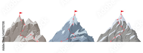 Cartoon mountain peak route. Rocky range climbing progress, hiking trip to mountains top, dotted route with red flag on top flat vector illustration set on white background