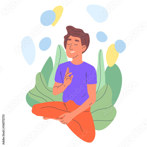 Meditating male character. Yoga meditation in lotus pose, relaxing mindful man breath and balance training flat vector illustration on white background