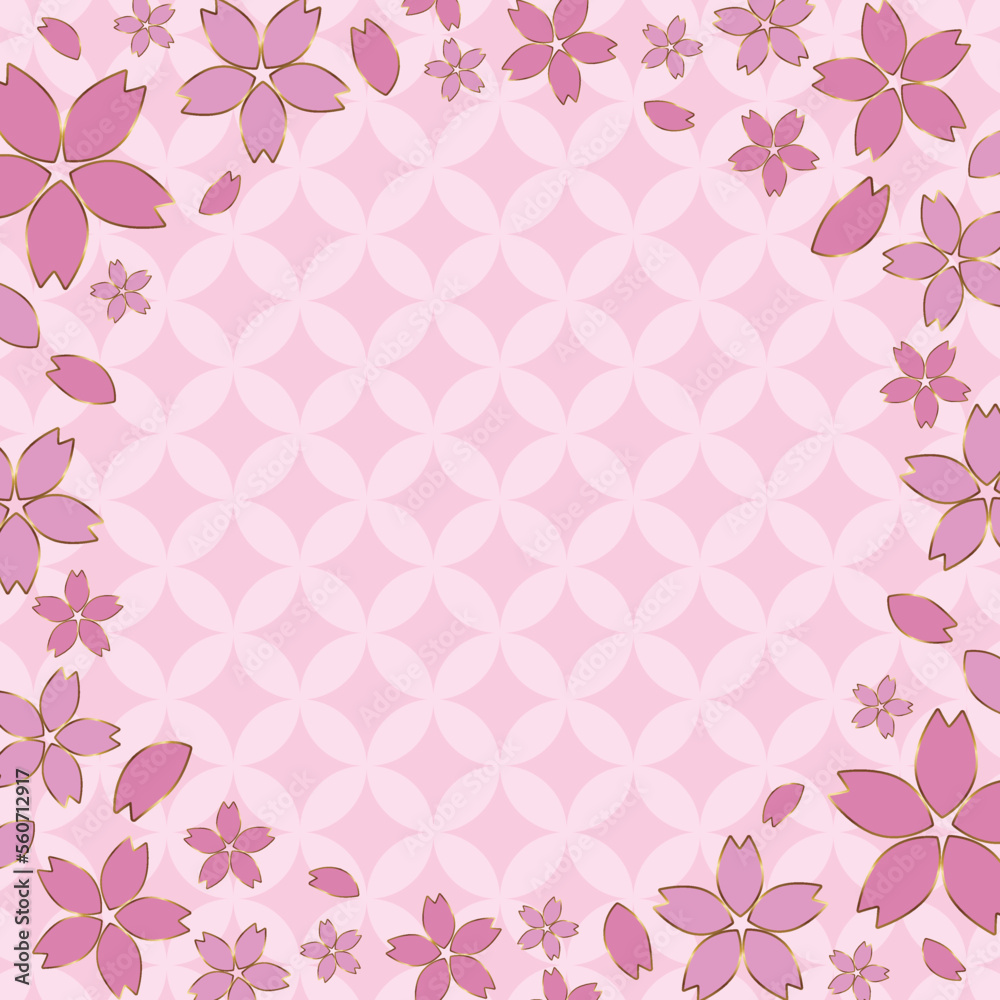 金縁の桜が舞う七宝柄背景　正方形　ピンク