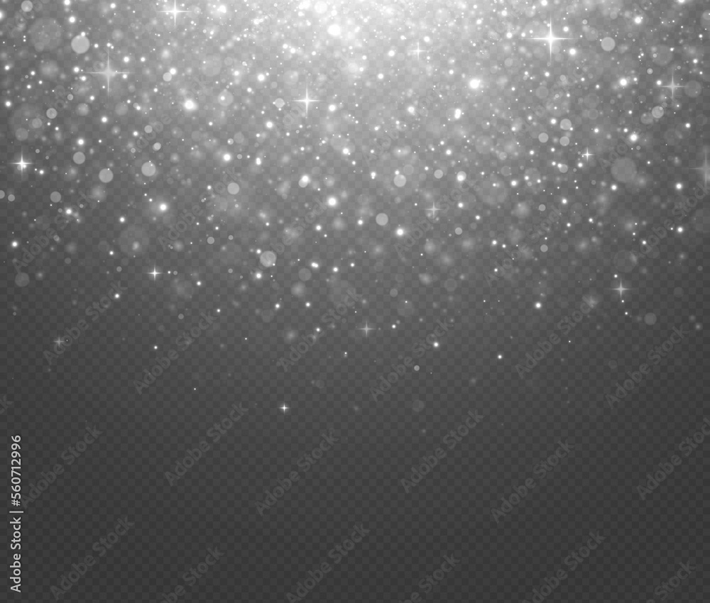 Silver glitter light effect. Glowing background of sparkles particles. Blurred bokeh twinkle on transparent background.