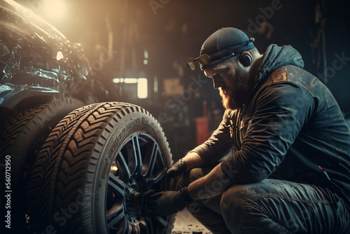 Automotive car mechanic working in the garage and changing a tire from light wheels. Repair or maintenance of auto service. AI generative  © Nataly