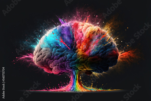 Creativity concept with a brain exploding in colors. Mind blown concept. Generative AI